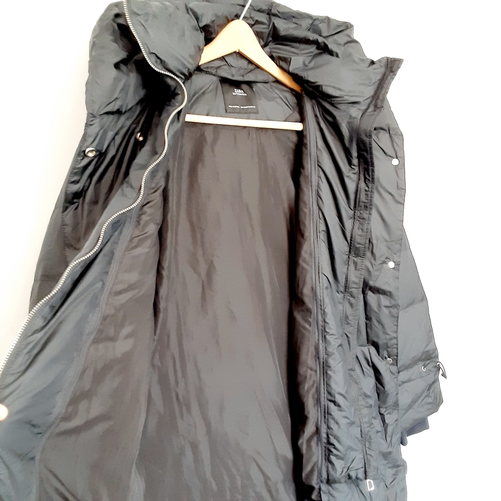 ZARA Puffer Hooded Down Long Black Coat M - Picture 8 of 10